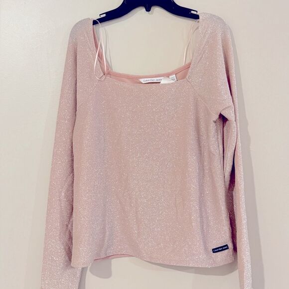 Calvin Klein Jeans Square-Neck Shimmer Long-Sleeve Top, Sparkle Party, shirt - Picture 12 of 14